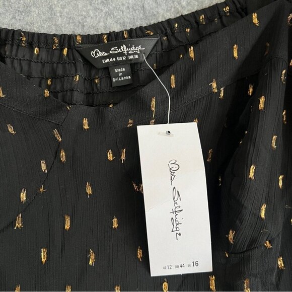 MISS SELFRIDGE Fit & Flare Black Mini Dress with Gold Foil Accents Size 12 NWT - Picture 5 of 11